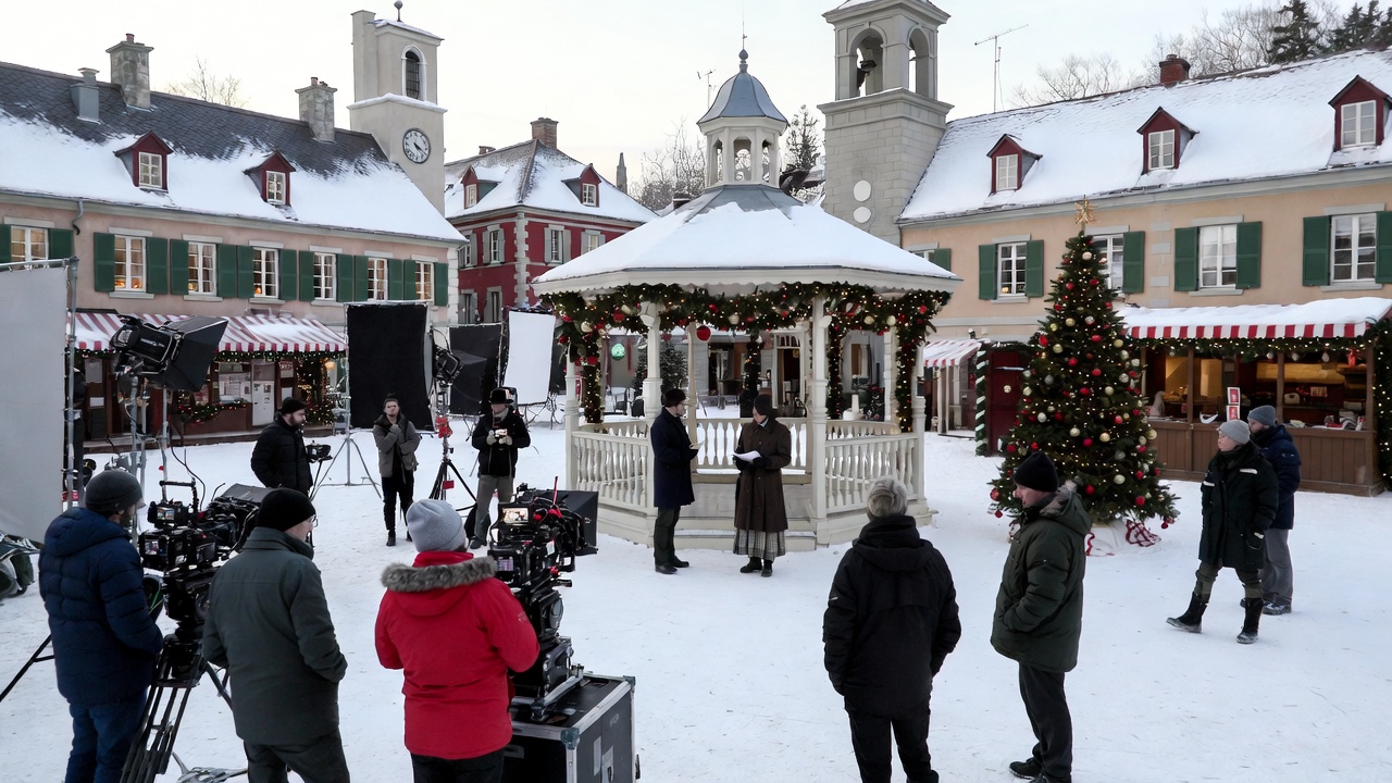 Crew filming in a snowy town square