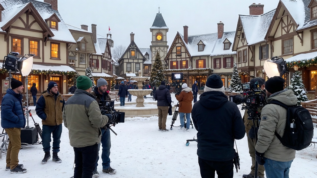 Crew filming in a snowy Tudor village